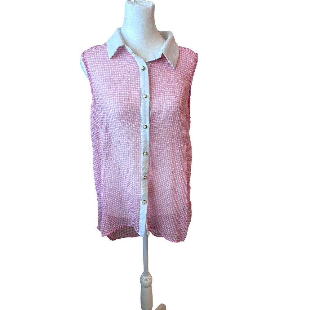 Monteau Pink Gingham Sleeveless Button Down‎ Shirt White Collar Medium